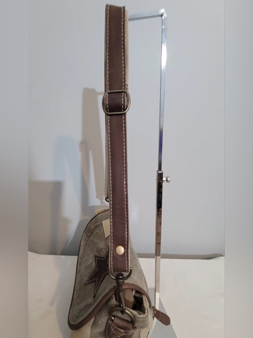 Myra Bag Canvas Leather Star Brown Trim Shoulder Bag Khaki Taupe - Picture 8 of 16